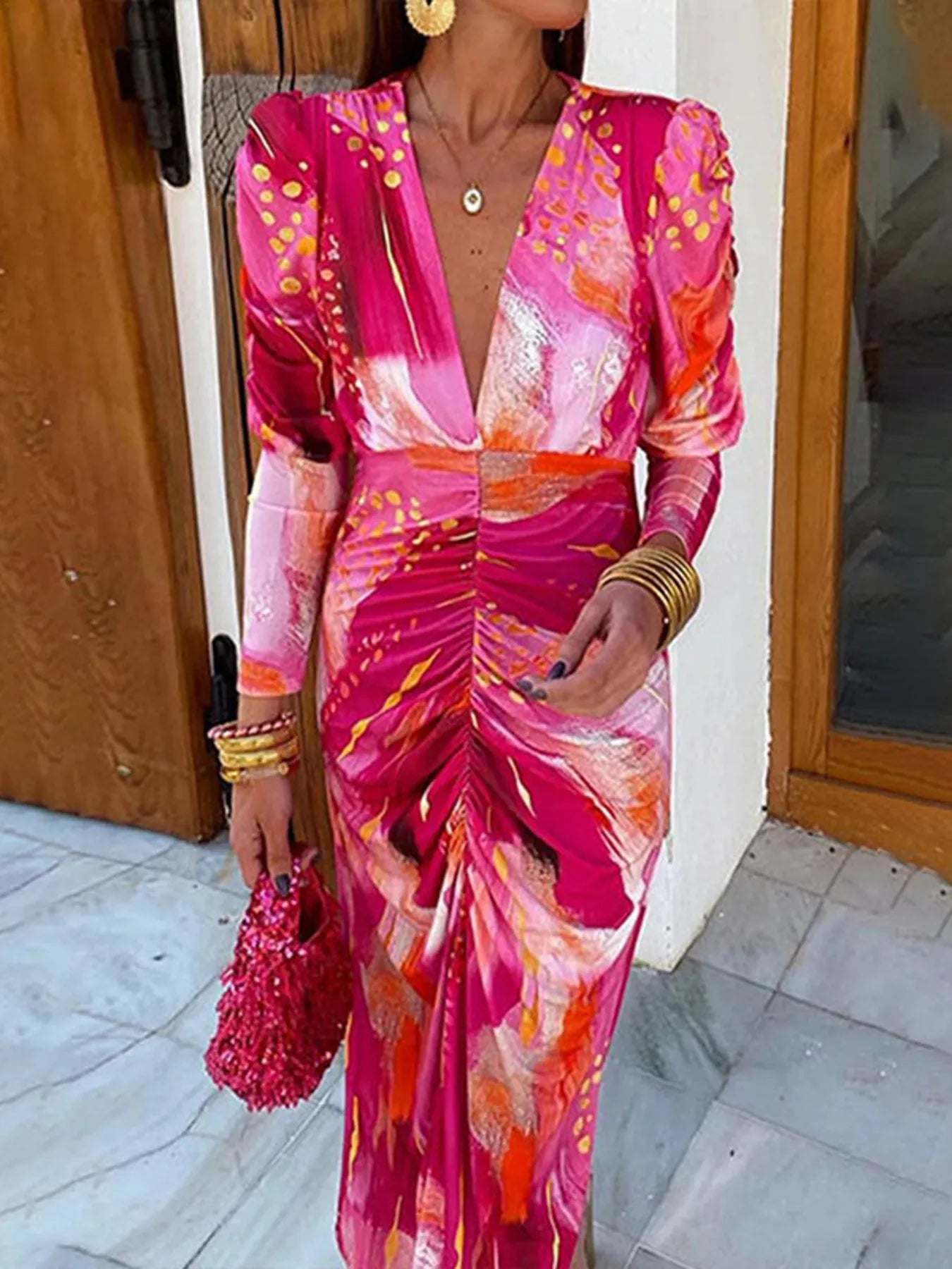 Ruched Front V-Neck Long Sleeve Maxi Dress