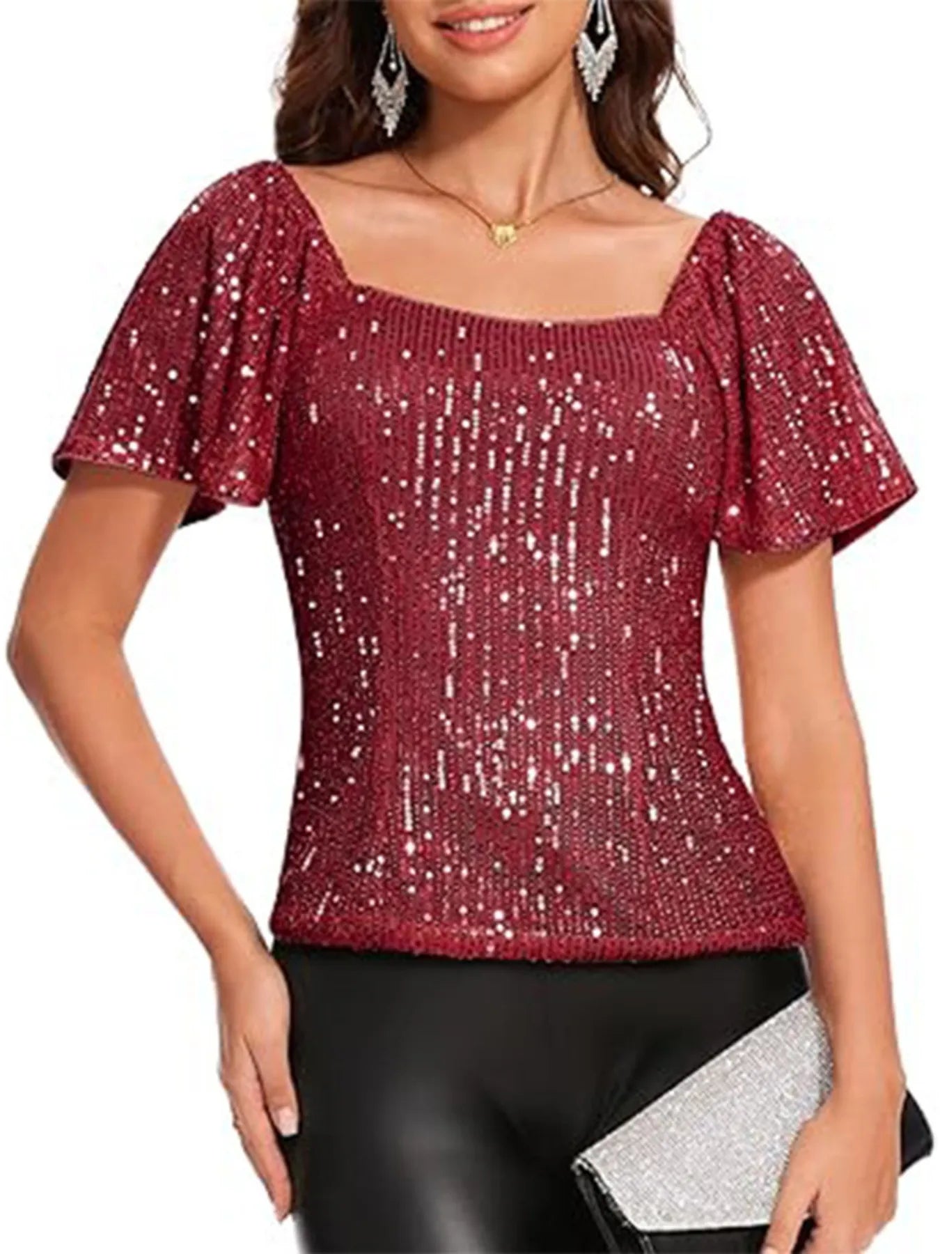 Square Neck Sequin Short Sleeve Blouse