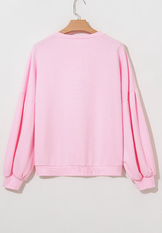 Chic Bow Round Neck Long Sleeve Sweatshirt in Soft Pink