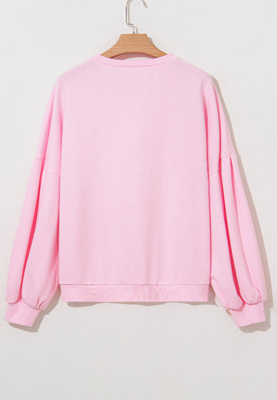 Chic Bow Round Neck Long Sleeve Sweatshirt in Soft Pink