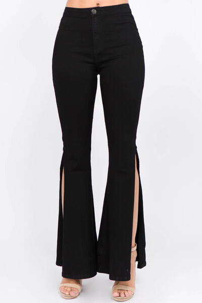 Modern Flare Jeans with Stylish Side Slits in Versatile Black