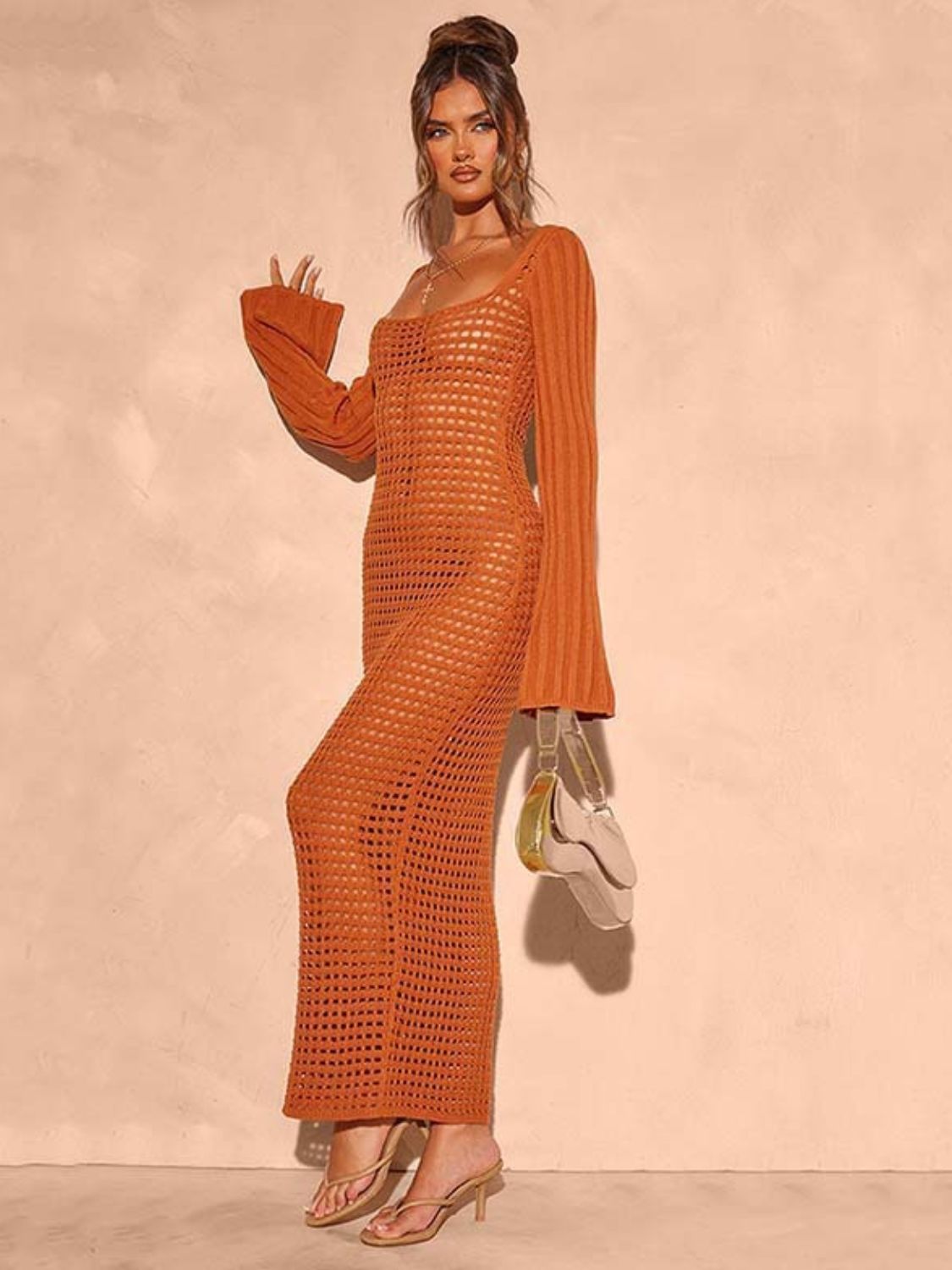 Openwork Square Neck Flare Sleeve Cover-Up Dress Chic Style