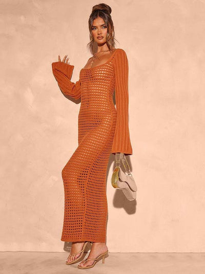 Openwork Square Neck Flare Sleeve Cover-Up Dress Chic Style