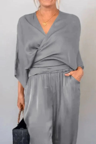 Full Size Wrap Surplice Top and Pants Set Plus Size
