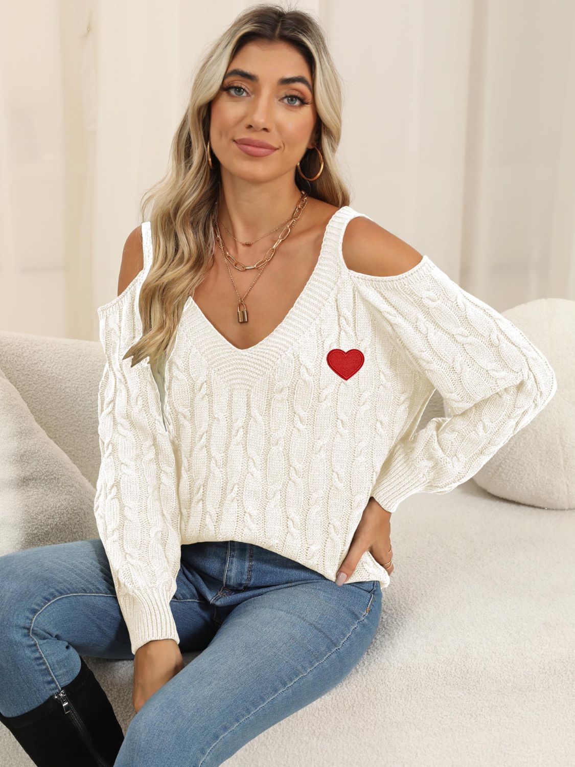 Cozy Cable-Knit Heart V-Neck Sweater with Chic Cutouts