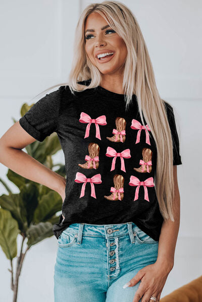 Trendy Bow & Boot Graphic Short Sleeve T-Shirt for Casual Style