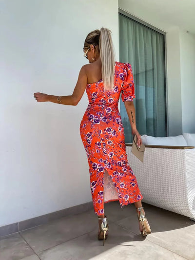 Slit Printed Single Shoulder Midi Dress