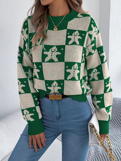 Christmas Checkerboard Gingerbread Round Neck Sweater