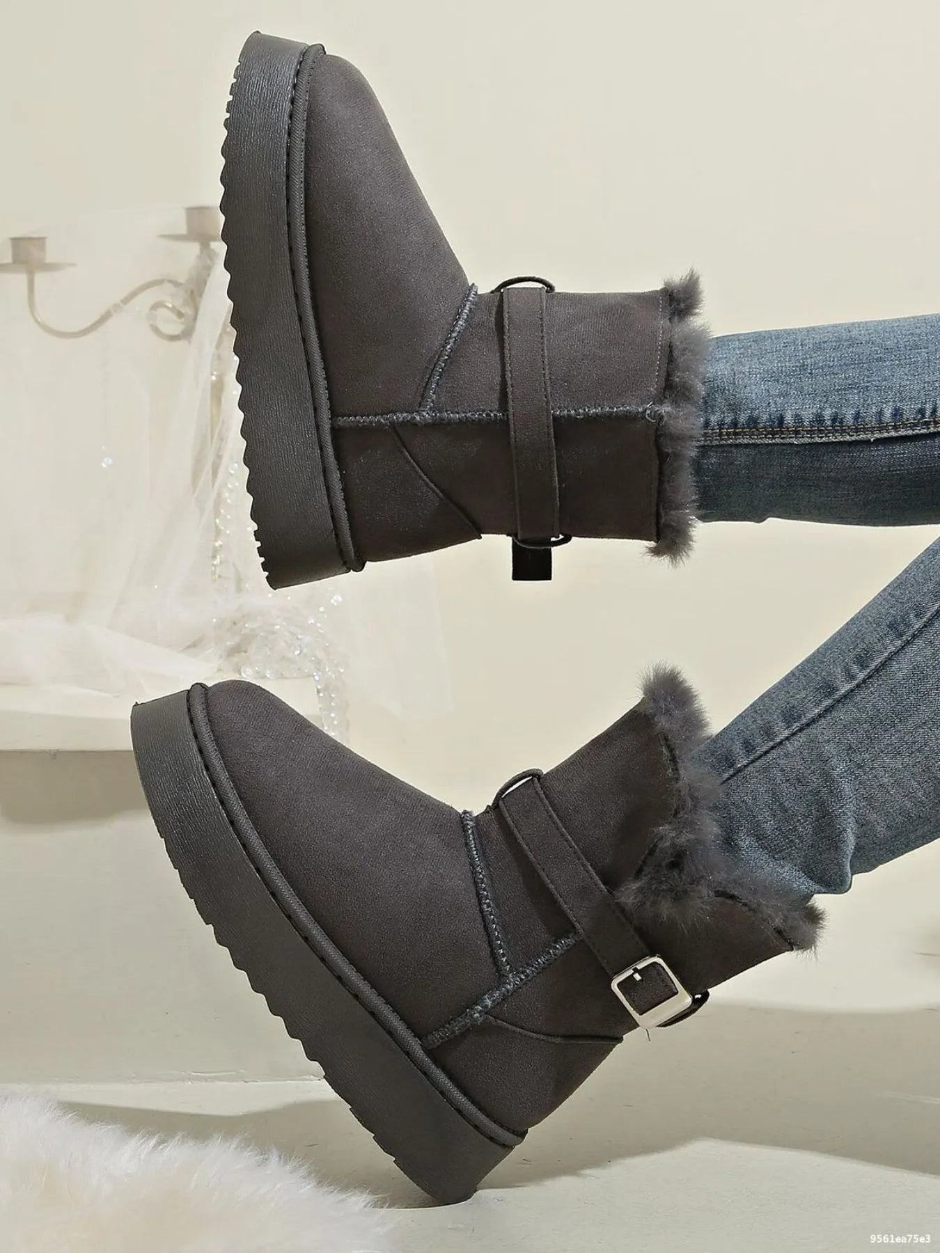 Fur Lining Ankle Boots with Buckle Strap