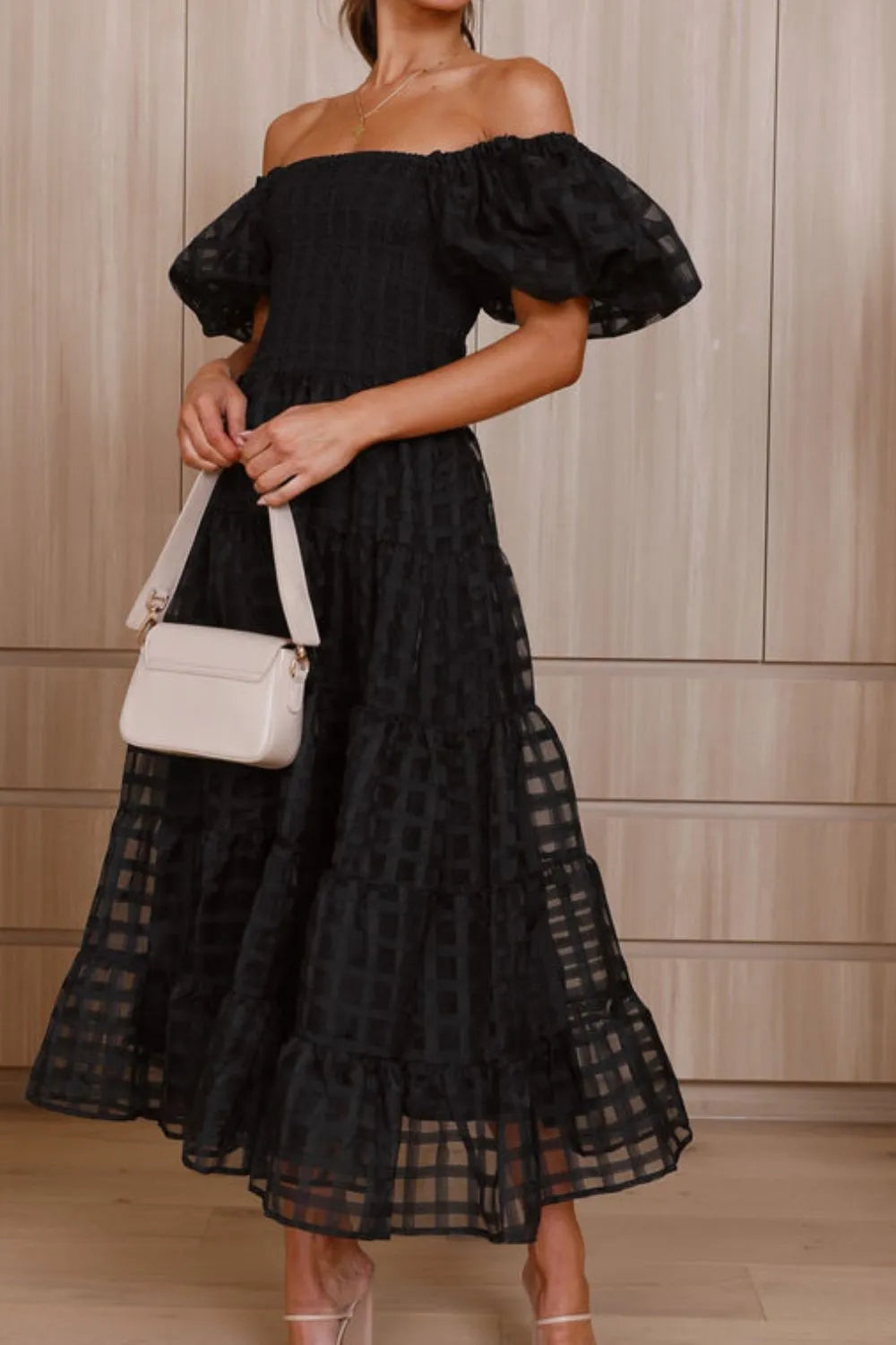 Off Shoulder Short Puff Sleeve Midi Dress