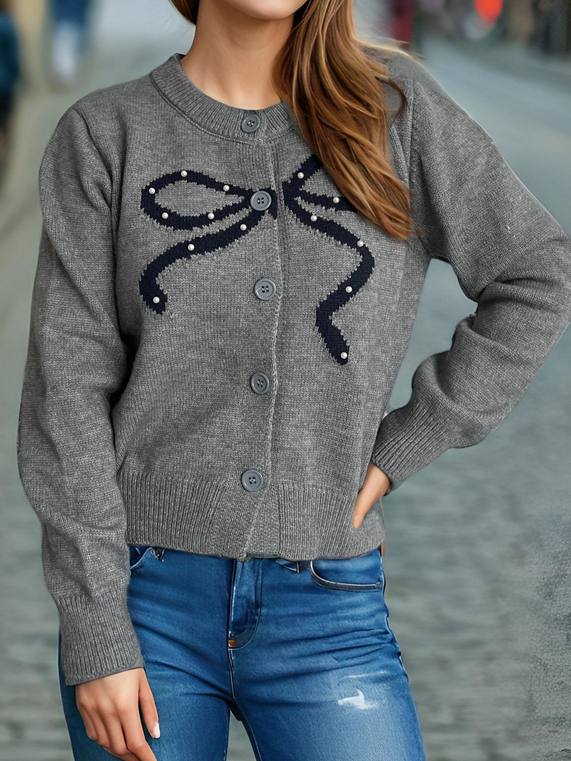 Chic Bow Button Cardigan with Stylish Round Neck Design