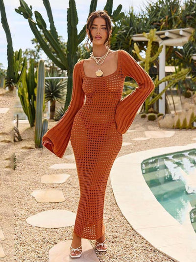 Openwork Square Neck Flare Sleeve Cover-Up Dress Chic Style