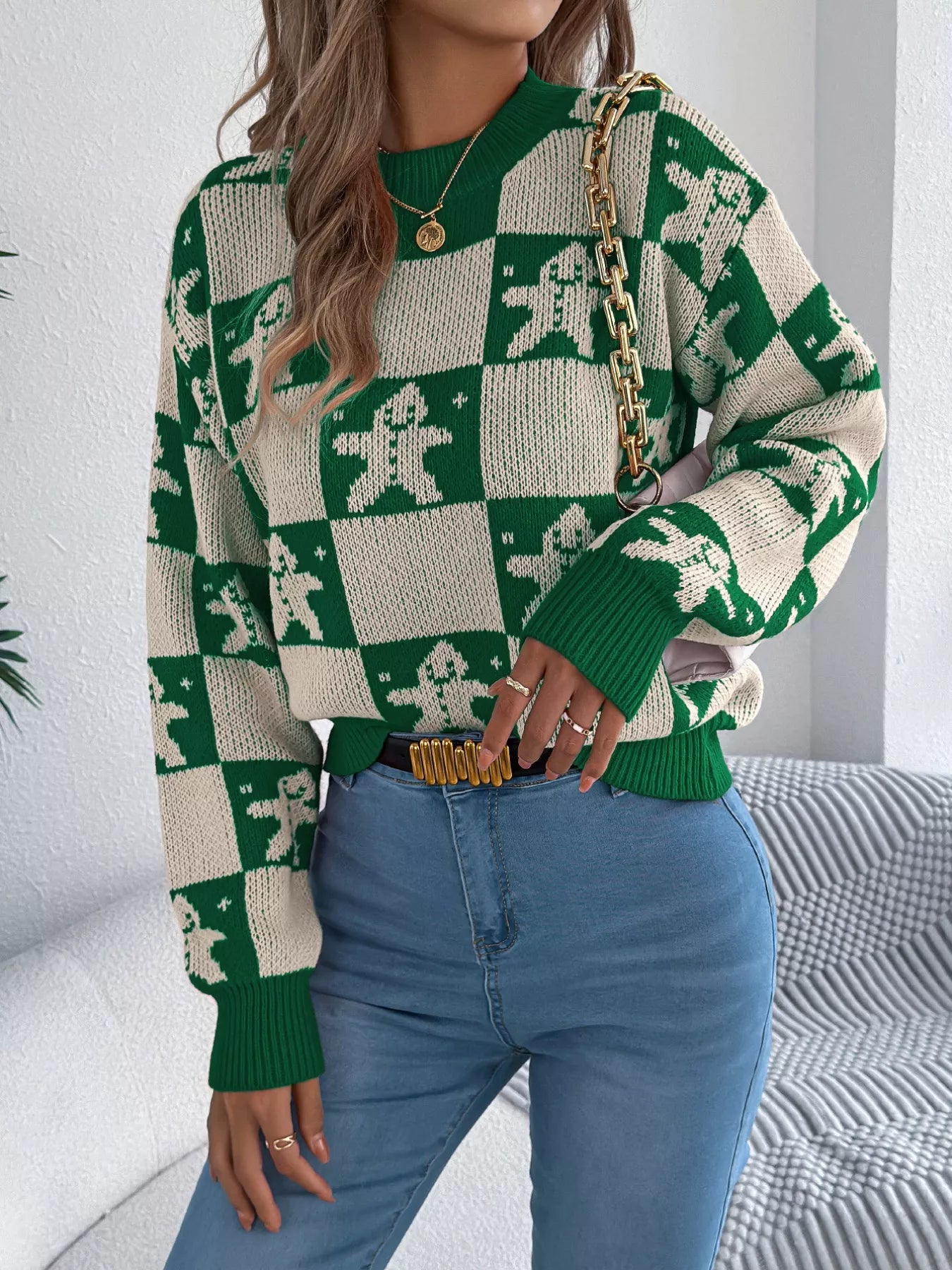 Christmas Checkerboard Gingerbread Round Neck Sweater