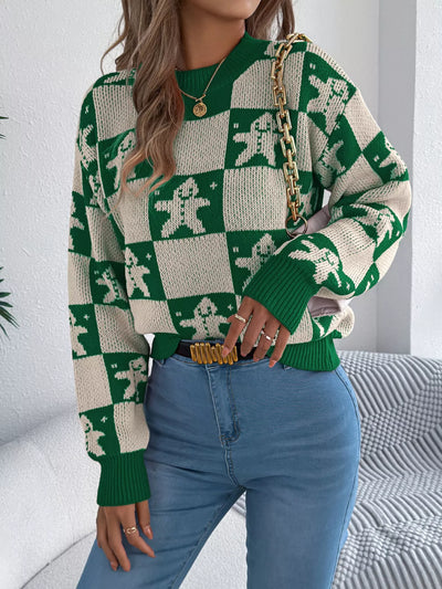 Christmas Checkerboard Gingerbread Round Neck Sweater