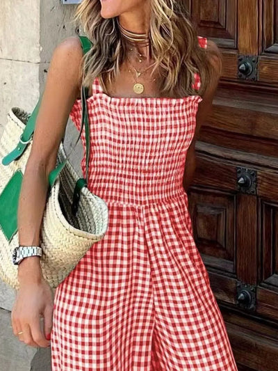 Gingham Smocked Wide-Leg Jumpsuit