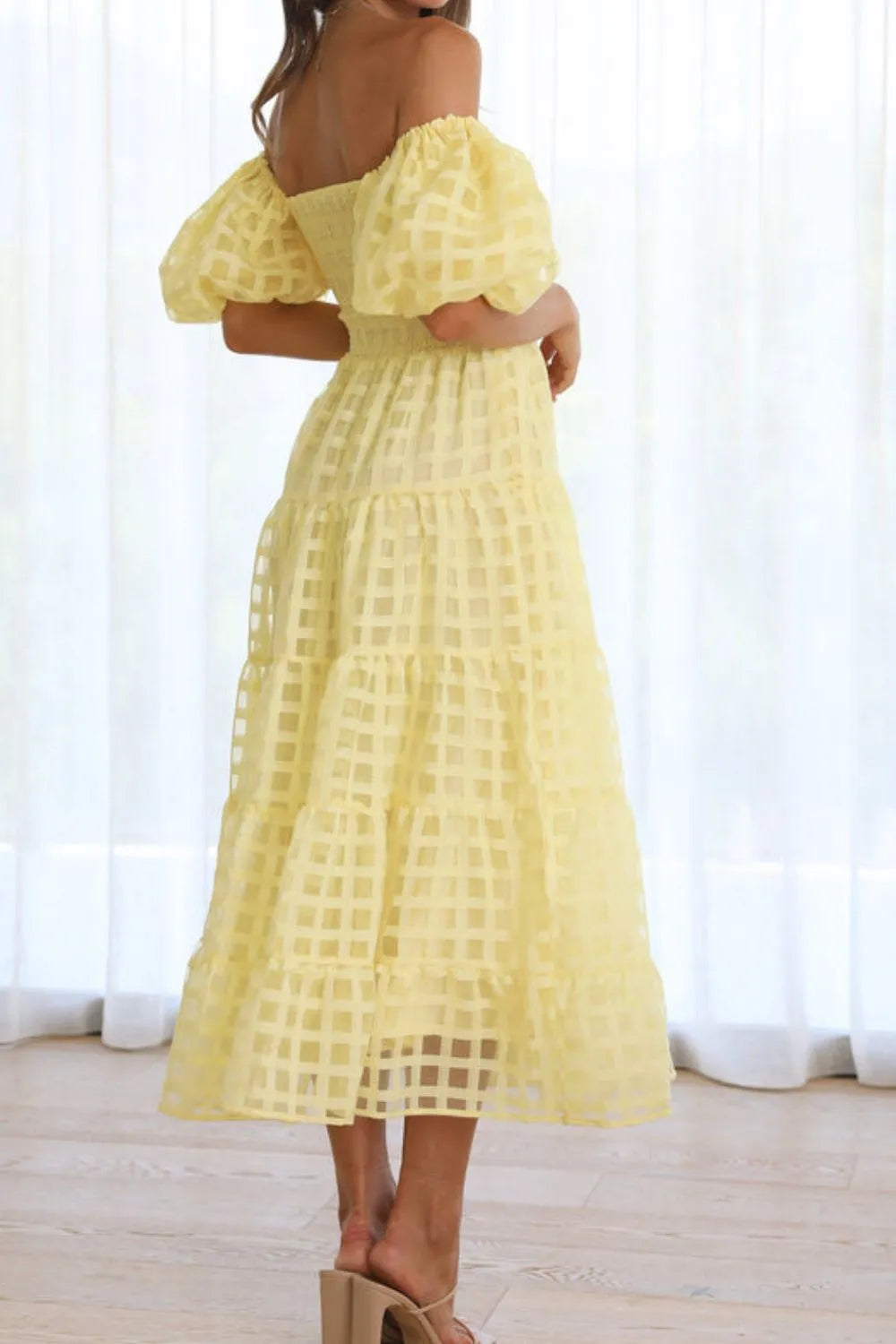 Off Shoulder Short Puff Sleeve Midi Dress