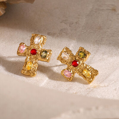 Elevate Your Style with 18K Gold-Plated Zircon Cross Earrings