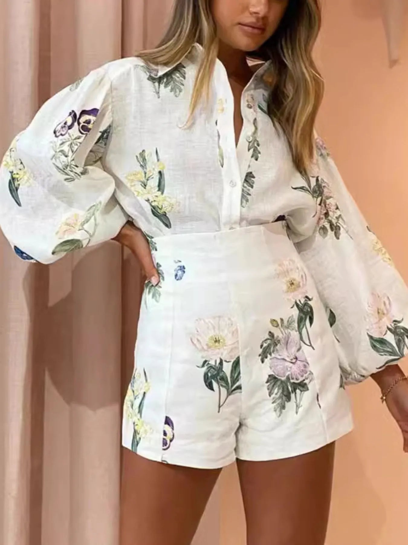 Printed Balloon Sleeve Top and Shorts Set