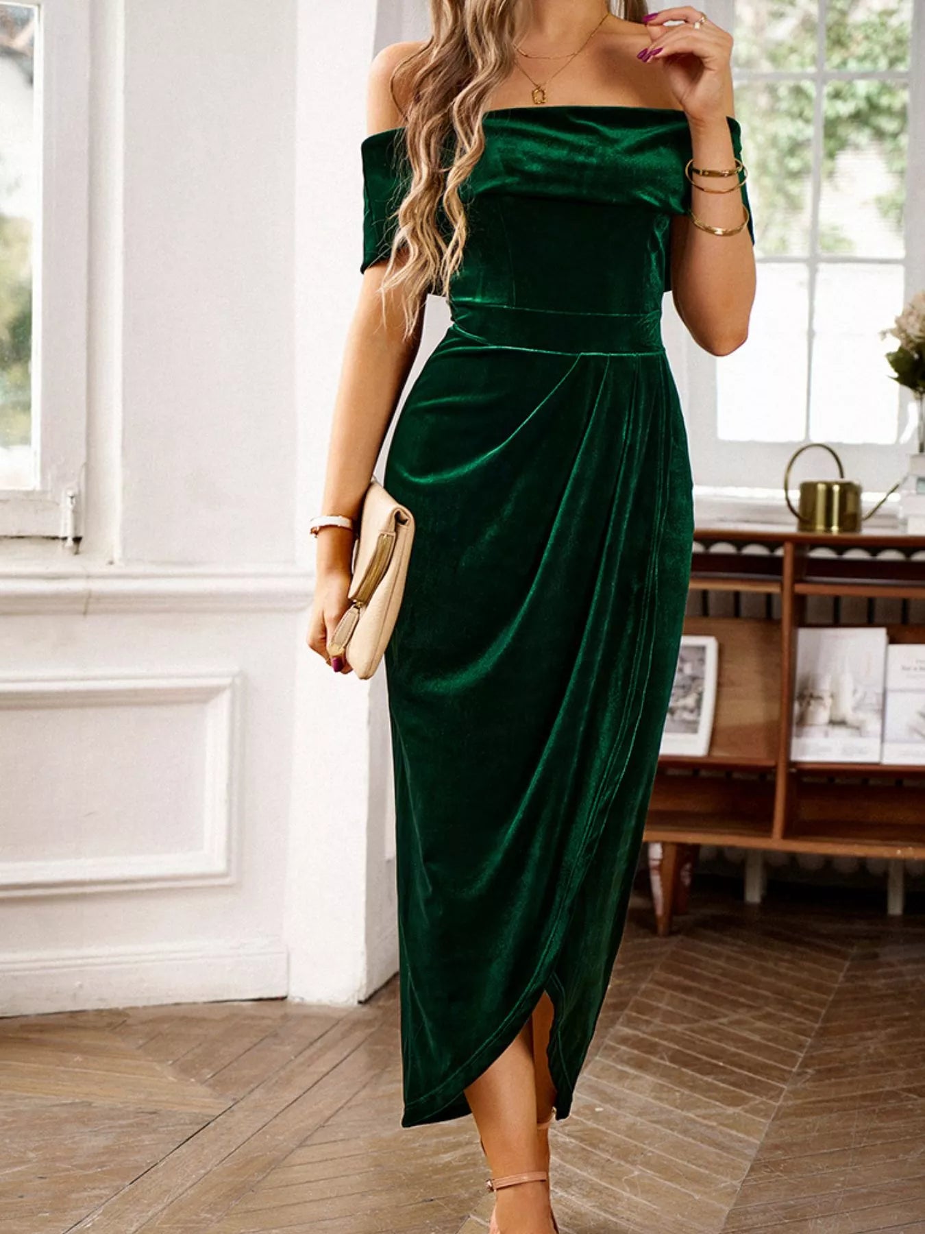 Velvet Off-Shoulder Ruched Midi Dress