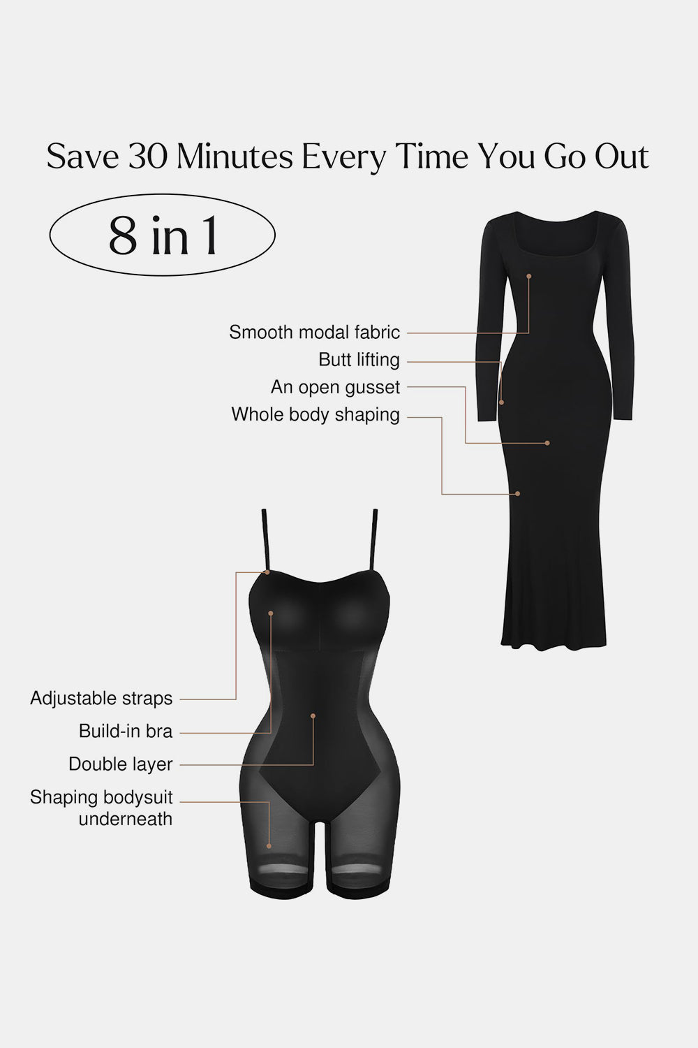 Flattering Shapewear Maxi Dress with Square Neck & Long Sleeves