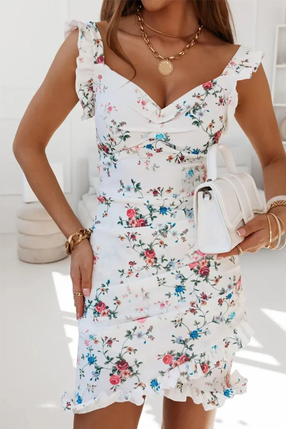 Printed Ruffled Sweetheart Neck Mini Dress