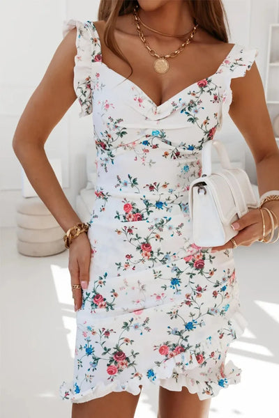 Printed Ruffled Sweetheart Neck Mini Dress