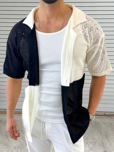 Men's Contrast Button Down Hollow Out Shirt for Stylish Comfort