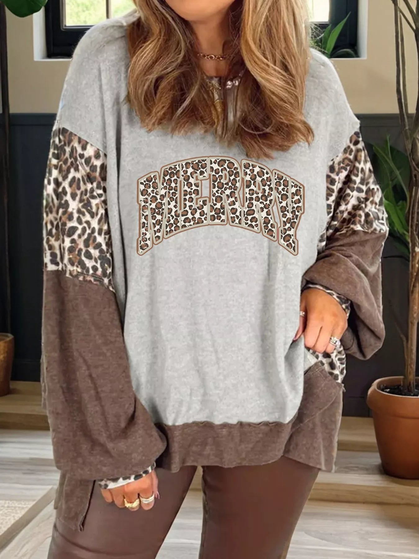 Color Block Leopard Contrast Letter Graphic Christmas Sweatshirt