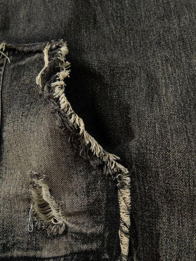 Men's Distressed Denim Patchwork Oversized Hoodie with Frayed Details