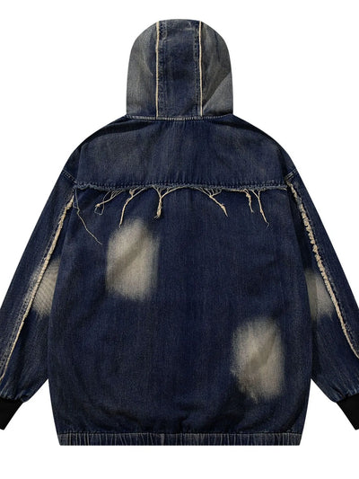 Men's Distressed Denim Patchwork Oversized Hoodie with Frayed Details