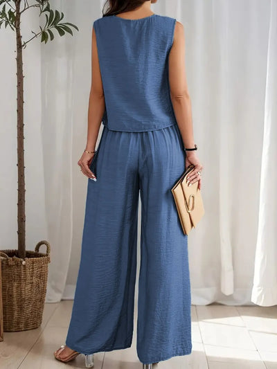 Round Neck Sleeveless Top and Wide Leg Pants Set