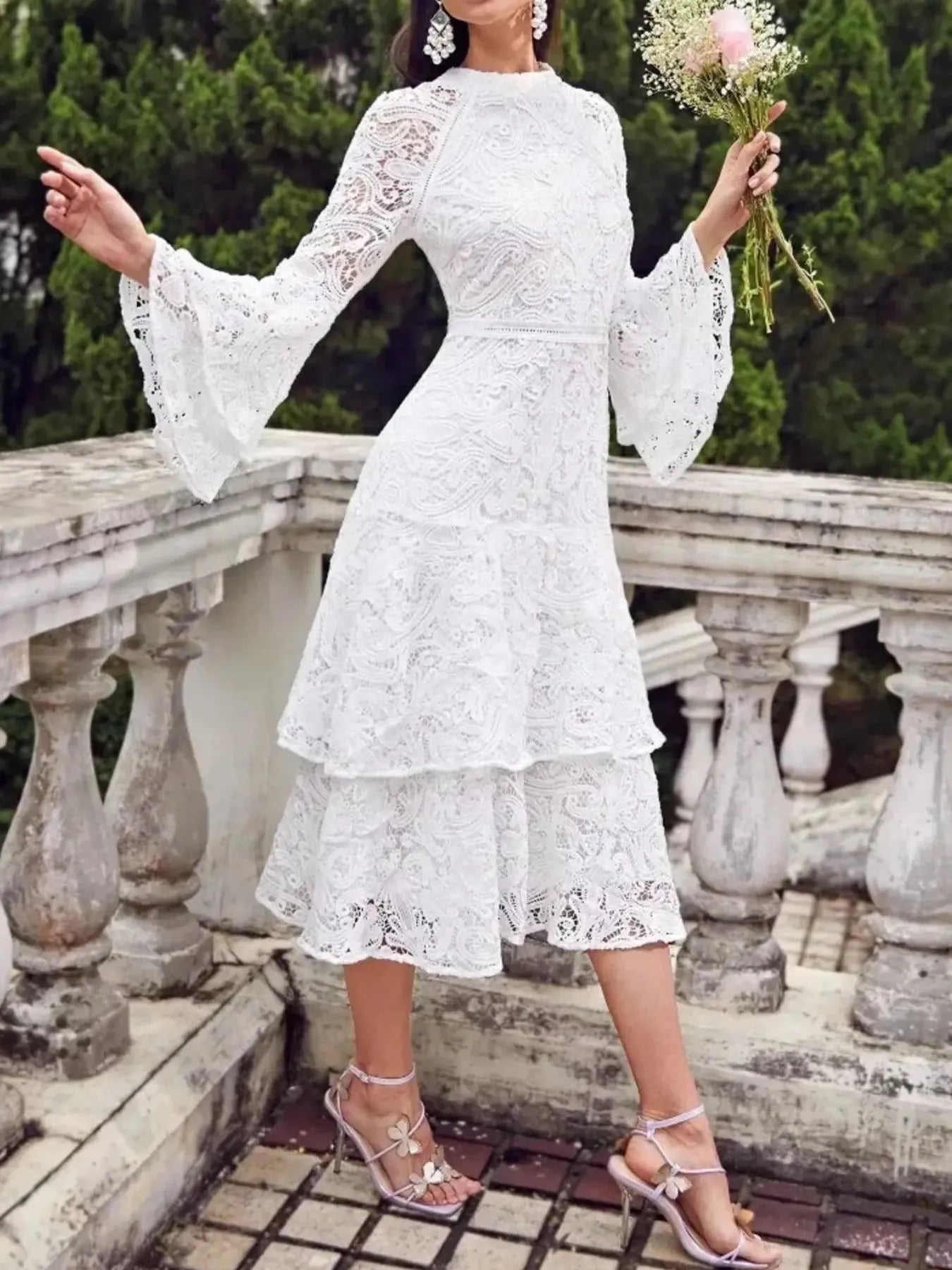 Lace Layered Flare Sleeve Dress