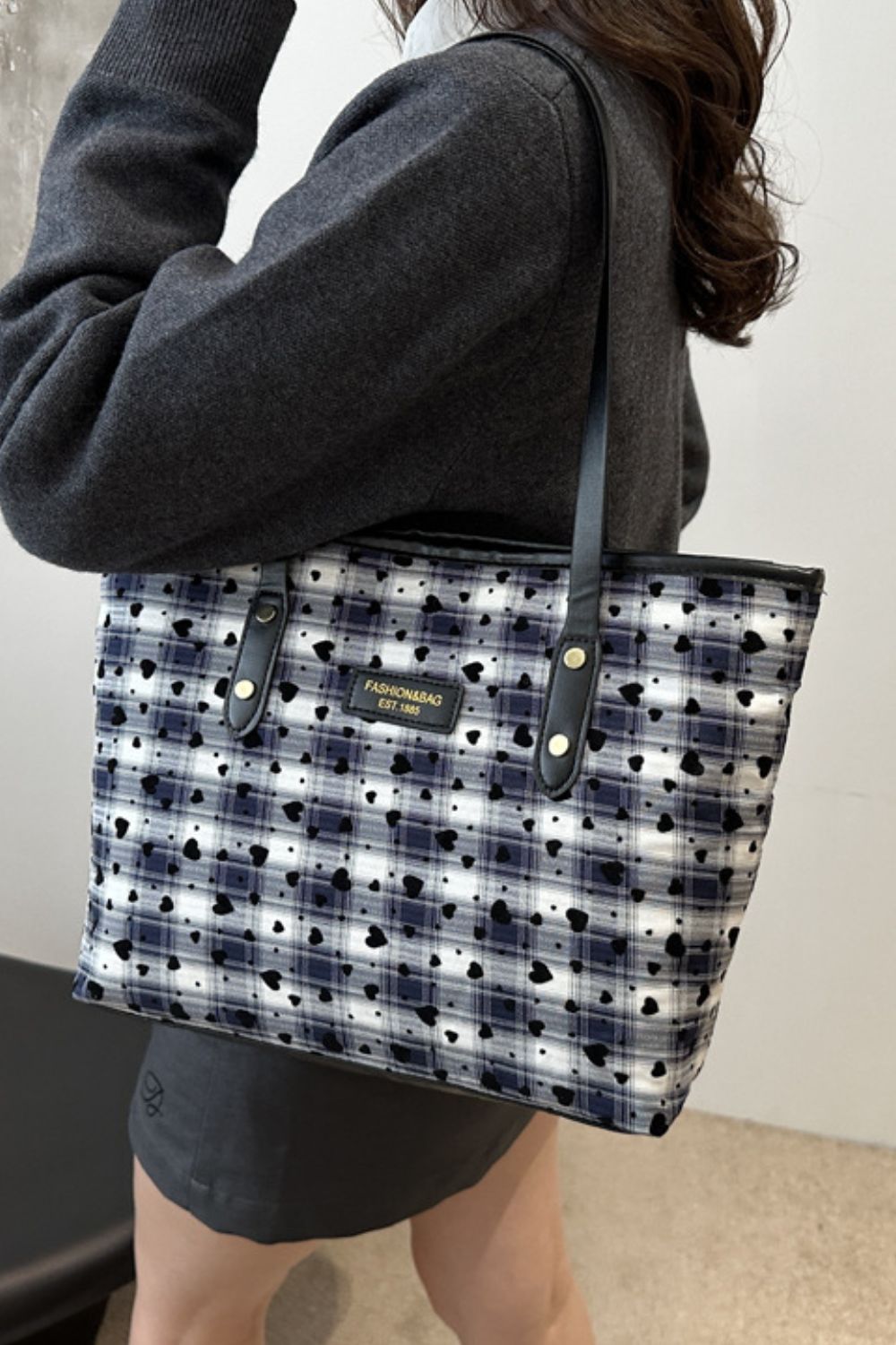 Heart Plaid PU Leather Strap Tote Bag for Stylish Women