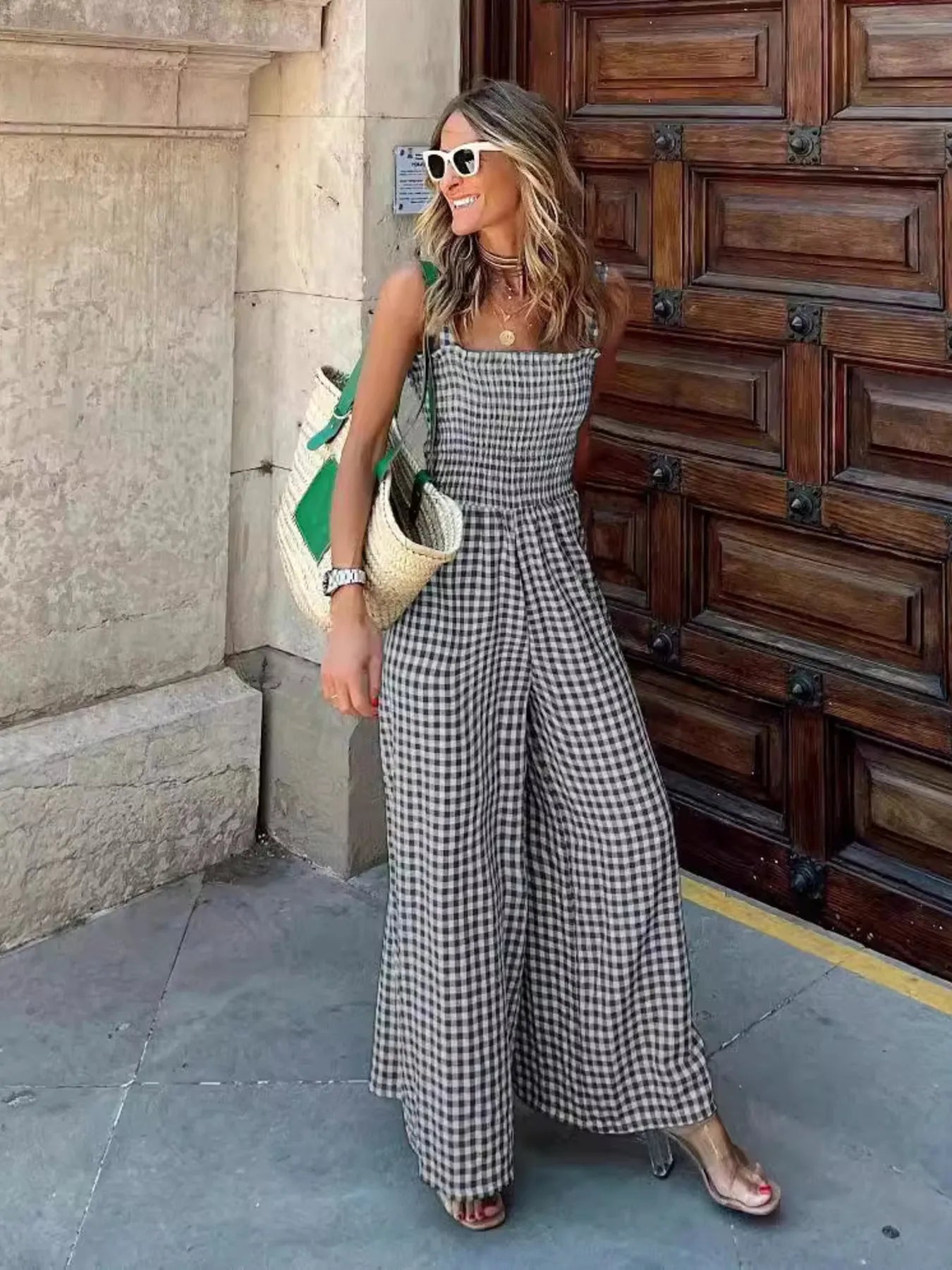 Gingham Smocked Wide-Leg Jumpsuit