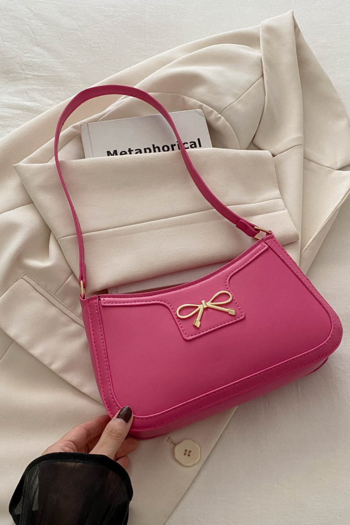 Trendy Bow Trim PU Leather Shoulder Bag in Rich Brown
