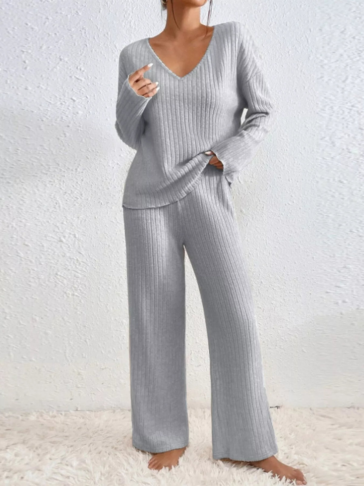 Ribbed V-Neck Top and Pants Set