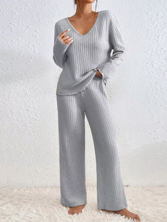 Ribbed V-Neck Top and Pants Set