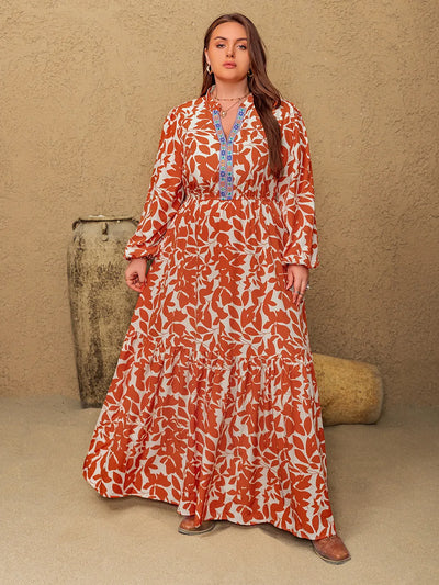 Plus Size Printed Notched Long Sleeve Maxi Dress