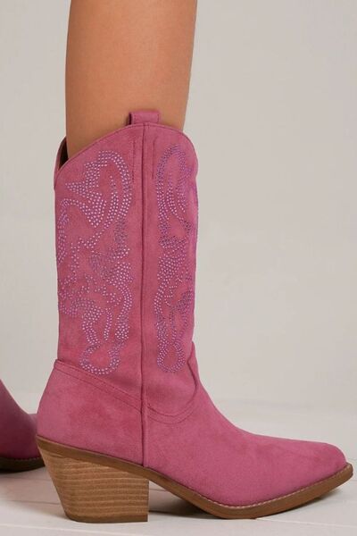 Elegant Rhinestone Point Toe Boots with Vibrant Pink Flair