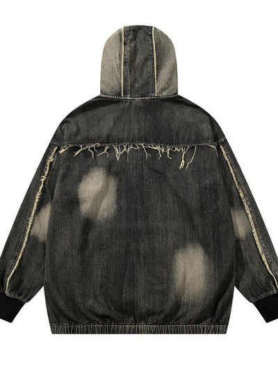Men's Distressed Denim Patchwork Oversized Hoodie with Frayed Details