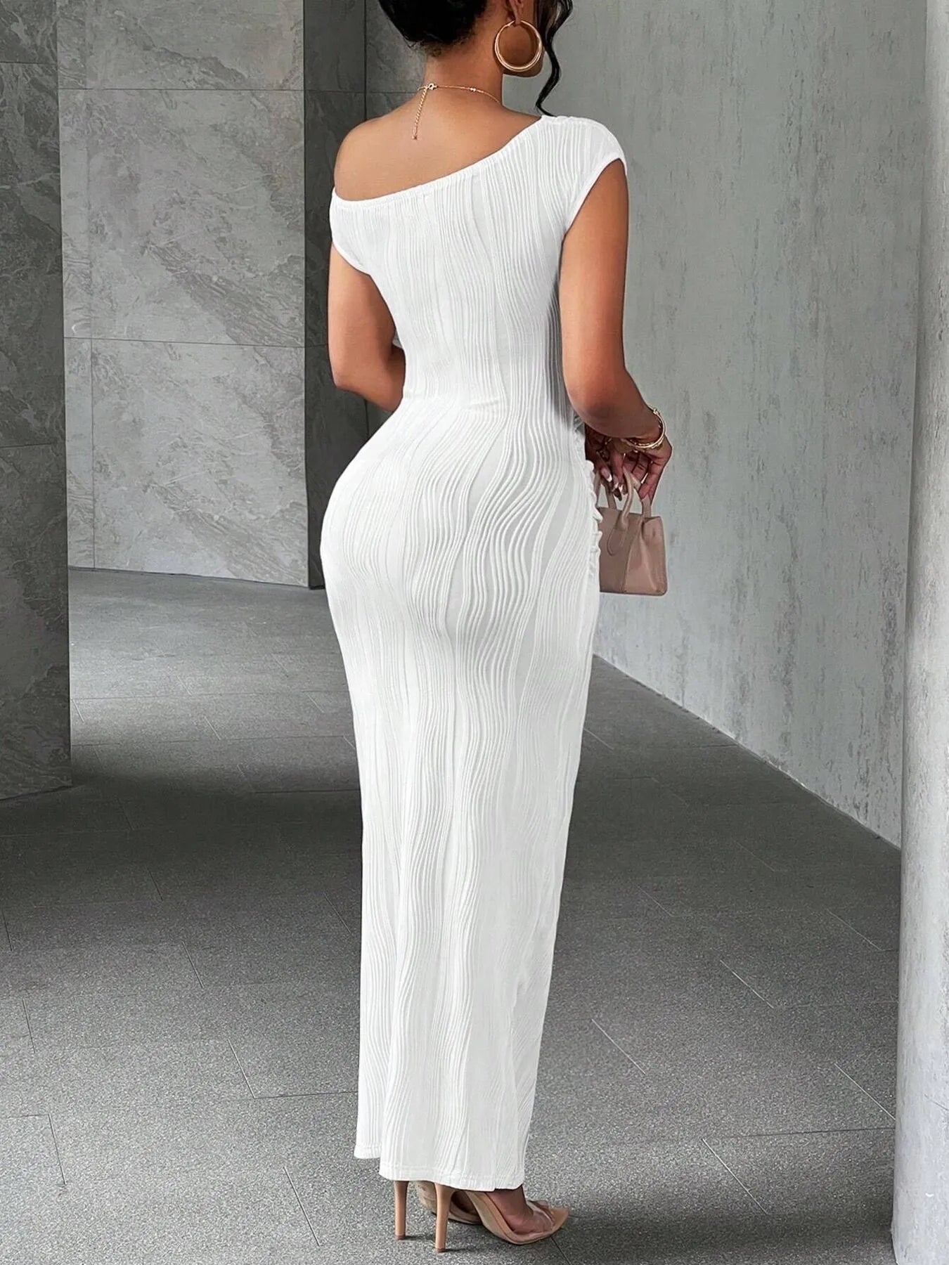 Textured Single Shoulder Bodycon Maxi Dress