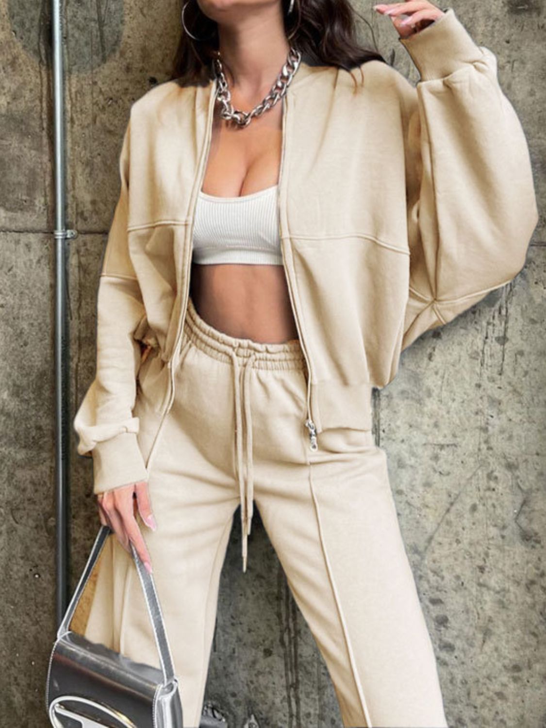 Casual Baseball Collar Zip Top & Drawstring Pants Set