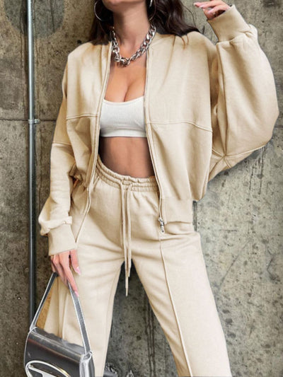 Casual Baseball Collar Zip Top & Drawstring Pants Set