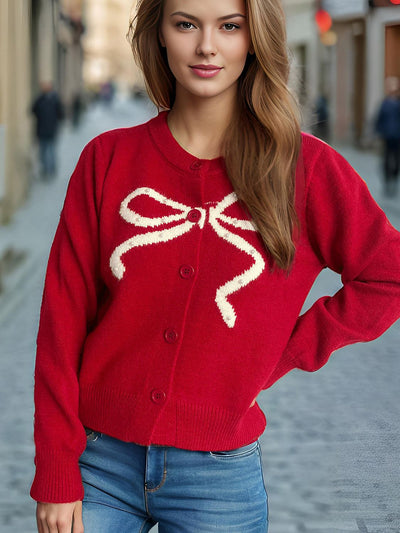 Chic Bow Button Cardigan with Stylish Round Neck Design