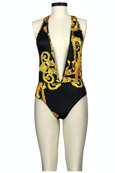 Stylish Printed Plunge One-Piece and Cover Up Swim Set