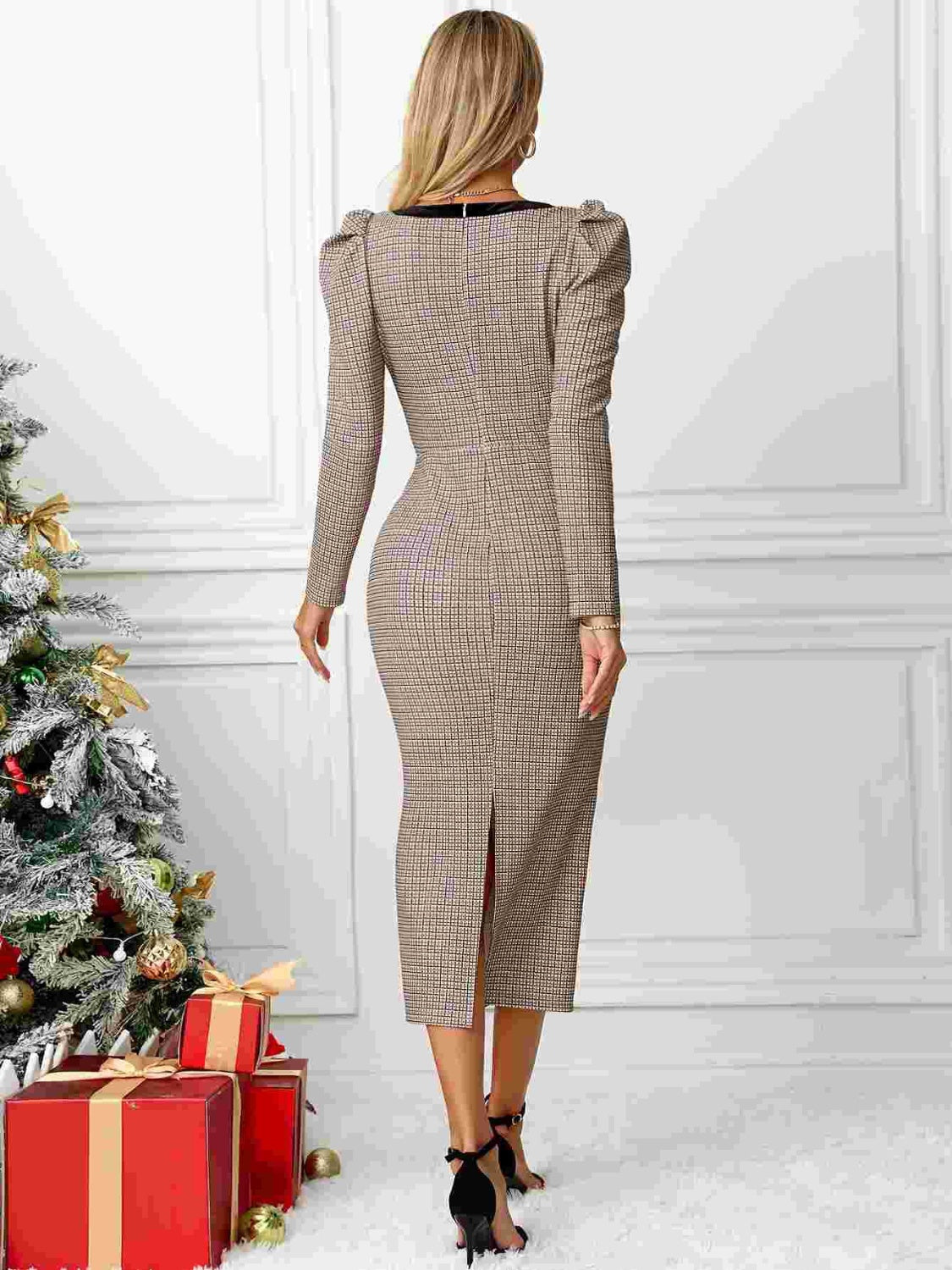 Chic Bow Plaid Puff Sleeve Dress with Square Neck Elegance