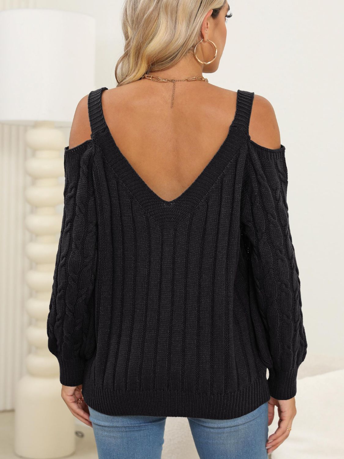 Cozy Cable-Knit Heart V-Neck Sweater with Chic Cutouts