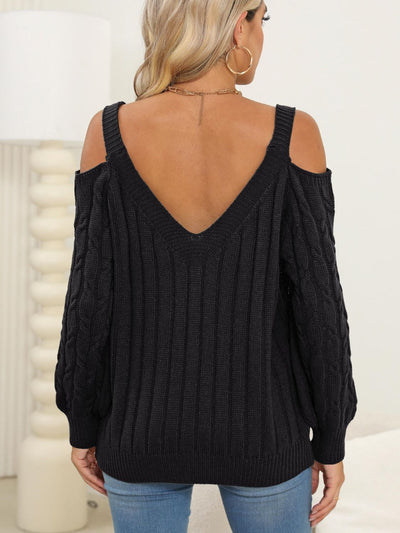 Cozy Cable-Knit Heart V-Neck Sweater with Chic Cutouts