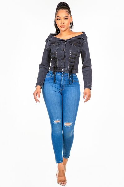 Trendy Off-Shoulder Lace-Up Denim Jacket for Chic Layering