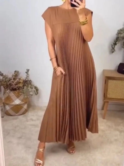 Full Size Pleated Round Neck Maxi Dress Plus Size